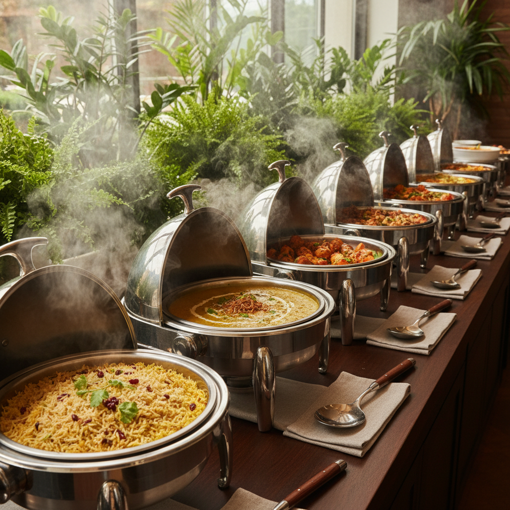 A meticulously arranged buffet station showcasing a variety of gleaming stainless steel chafing dishes, each filled with traditional Muslim family-style entrees like saffron-infused rice, creamy daal, and spiced kebabs. The buffet is framed by fresh green foliage and decorative serving utensils resting on a dark wood counter. Soft, diffused daylight enters from nearby windows, illuminating the steam rising from the food and creating a fresh, inviting glow. Captured at eye-level with a wide composition in sharp focus, the scene feels approachable and well-organized, embodying a clean, modern, and professional catering presentation.
